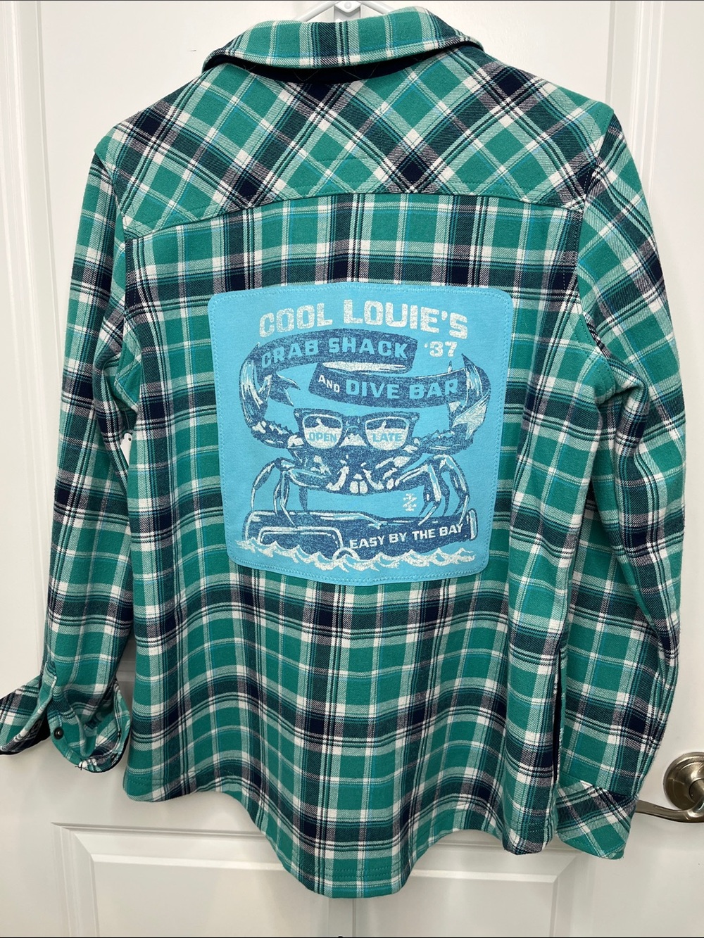 Upcycled Lined Navy Teal Plaid Flannel Cool Louie’s Women’s Shacket Medium